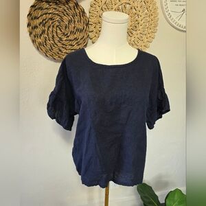 Elena Baldi Navy Blue 100% Linen Ruffle Bell Sleeve Womens S Boxy Oversized EUC